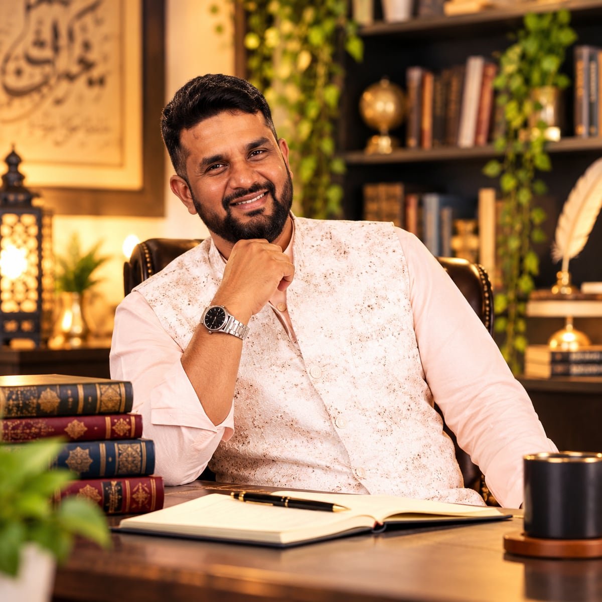 Abdul Gafoor Shaikh (Ghafir), smiling at his writing desk in a warm, book-lined study, an open notebook and pen before him.
